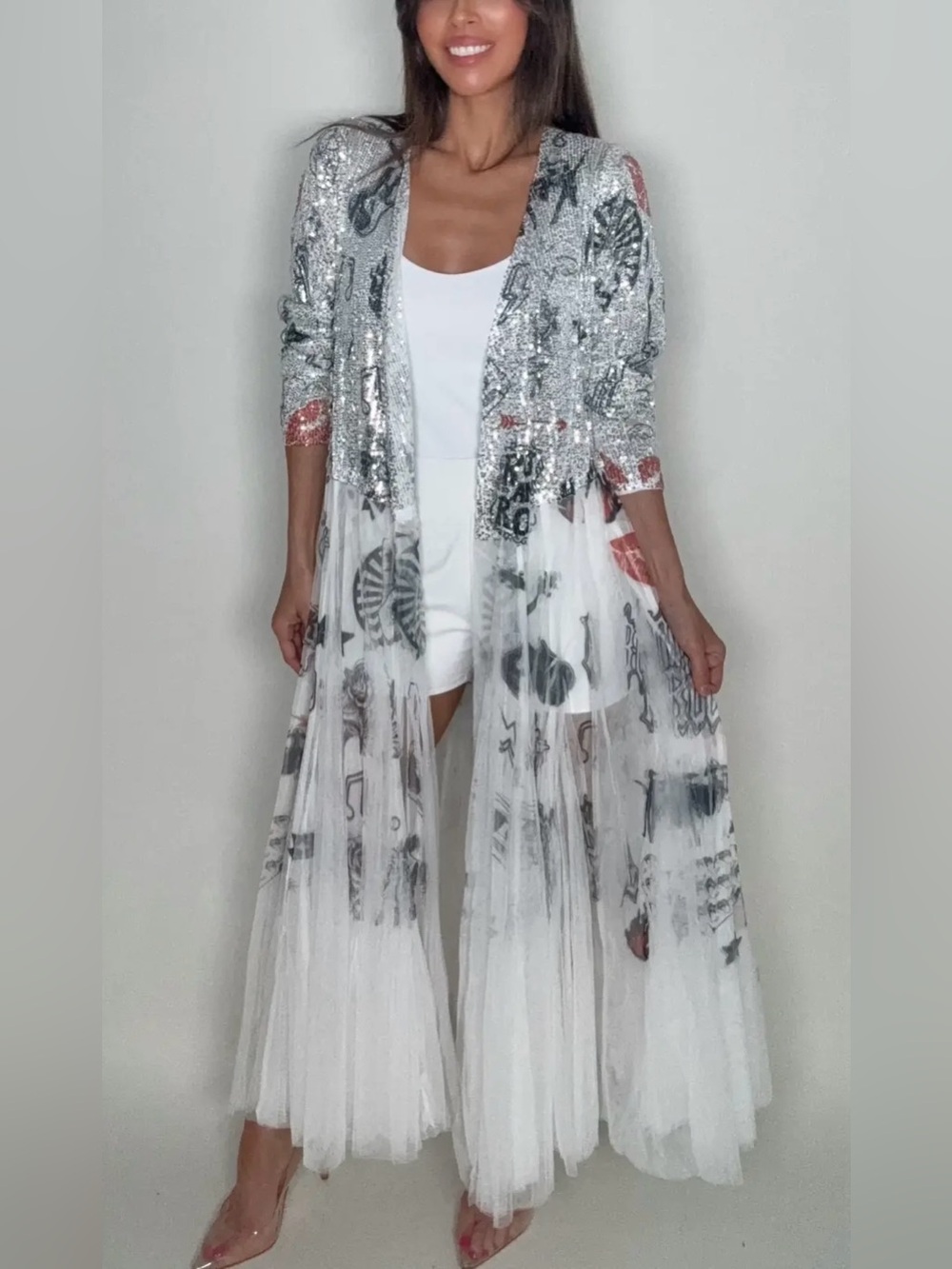 NEW Origami Designer Rock & Roll White Silver Red Sequin SheerTulle Long Duster